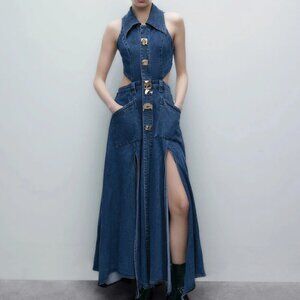 Urban Revivo Cut-Out Sleeveless Lapel Denim Dress